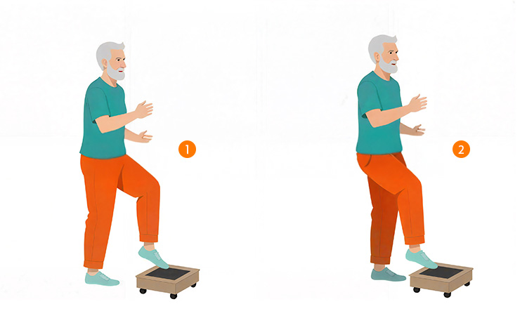 Elderly man doing single-leg stepping balance exercise