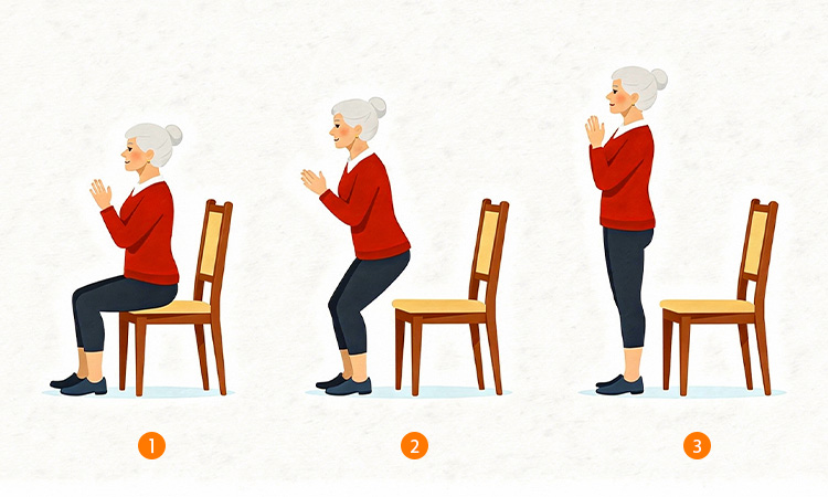 Elderly woman performing seated chair squat exercise