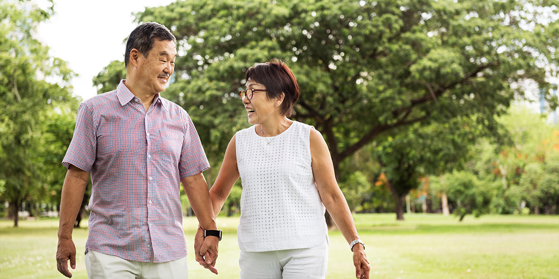 Happy senior couple walking in the park