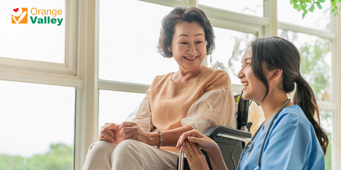 Nurse providing compassionate care and wellness guidance to senior.