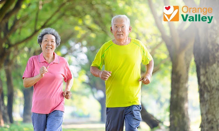 senior couple jogging together in a park